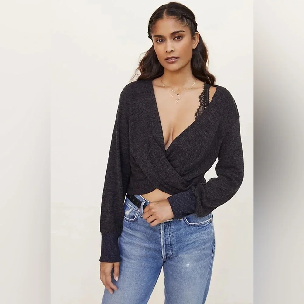Anthropologie Twist Front Crop V-Neck Knit Sweater - Dark Grey